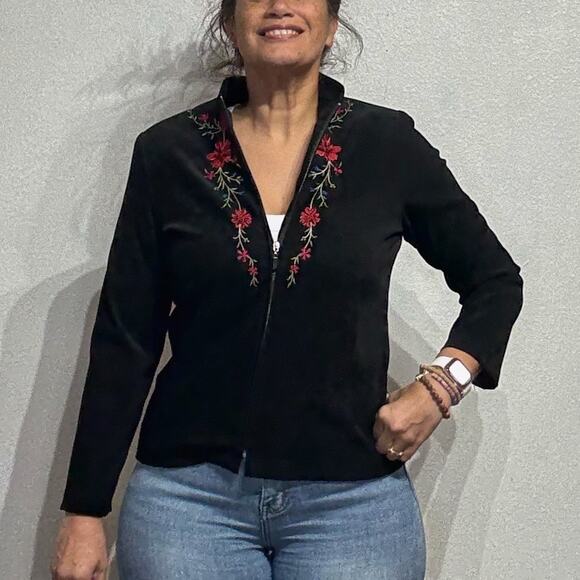 Notations Black Velour Floral Embroidered Jacket Sz PM - Picture 1 of 11